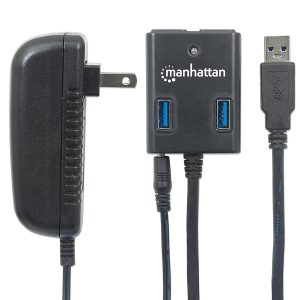 Hub Usb,Manhattan,162302, V3.0 4 Ptos Con Fuente, Negro