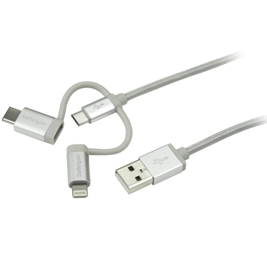 Cable Trenzado De 1M USB A Lightning Usb-C Y Micro USB - Cable Cargador Para Telfono Celular Iphone Ipad Tablet - Startech.com Mod. LTCUB1MGR