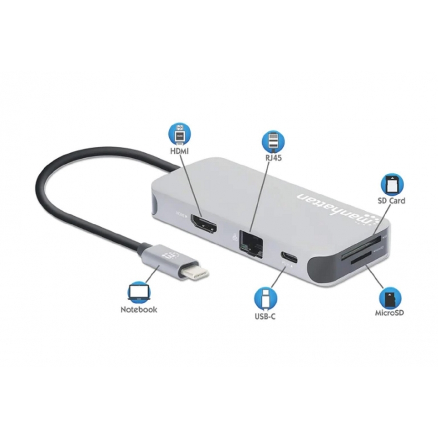 Docking Usb,manhattan,130615,-c 8 Ptos, Hdmi, Usb-c PD/2XUSBV3.2/USBV2.0, Red,sd/micro Sdd - Imagen de 5