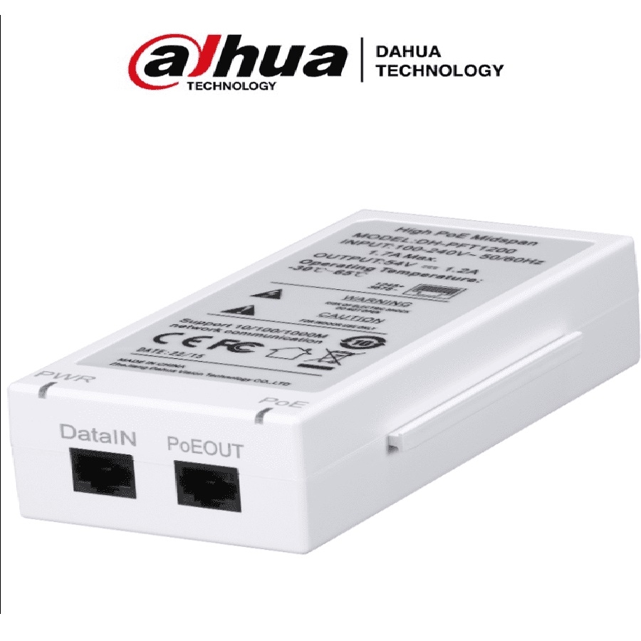Inyector Poe/ Dahua/ PFT1200 Inyector Hi-Poe Midspan Gigabit/ Soporta Poe/Poe+/ Soporta Hi-Poe 60 Watts Para Ptz/ Indicadores LED De Status