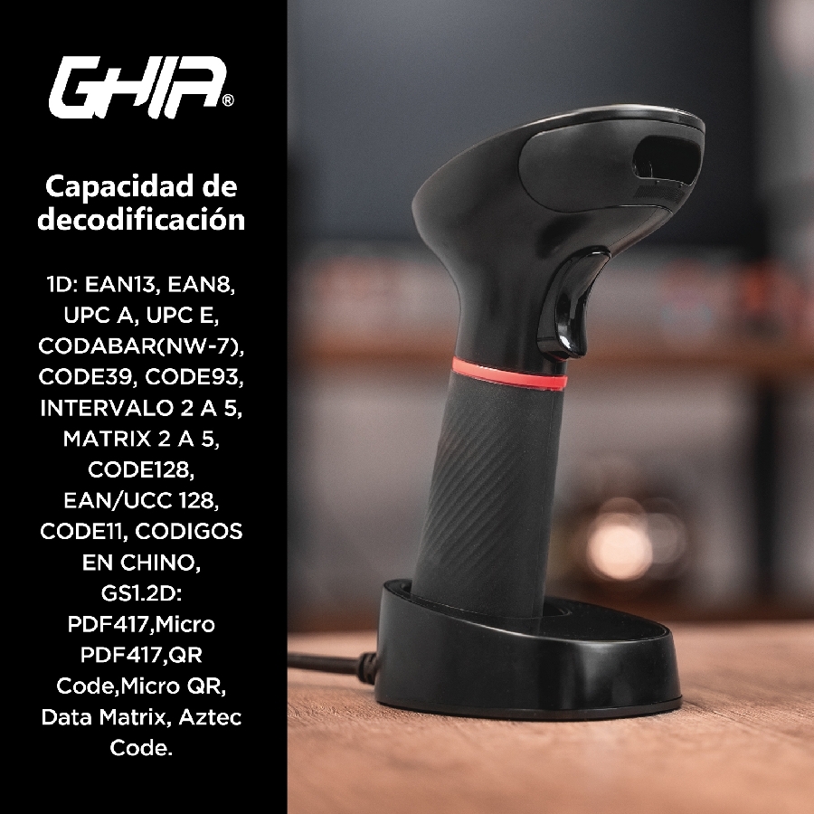 Lector De Codigos De Barras Ghia GSW2 / Inalambrico / 2D / LED Rojo Y Blanco / Bluetooth / USB / Base De Carga / Qr / Negro - Imagen de 6