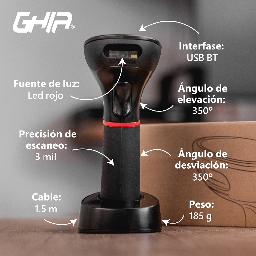 Lector De Codigos De Barras Ghia GSW2 / Inalambrico / 2D / LED Rojo Y Blanco / Bluetooth / USB / Base De Carga / Qr / Negro - Imagen de 8