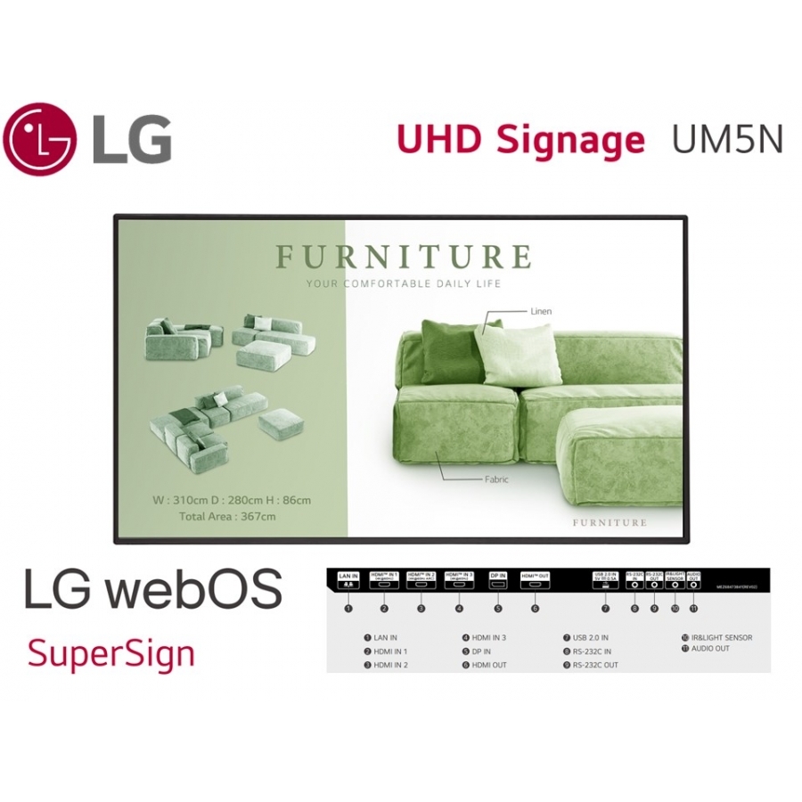 Monitor De Señalizacion Digital LG De 49 Plg Uso 24/7 Brillo 500 Nits, Bisel T/B: 12.1 Mm R/L: 11.1MM; Webos 6, Interfaz HDMI 3 / HDMI Out (1) / Dp / USB 2.0 / RS232C / RJ45 / Audio / Ir