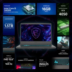 Portatil Gamer Msi Thin 15 B13V / 15.6 Fhd 144Hz / Intel Core I7 13620H Hasta 4.9 Ghz / Ddr4 16Gb (2*8Gb) / 1Tb SSD / Nvidia RTX 4060 Gddr6 8Gb / Win 11 Home